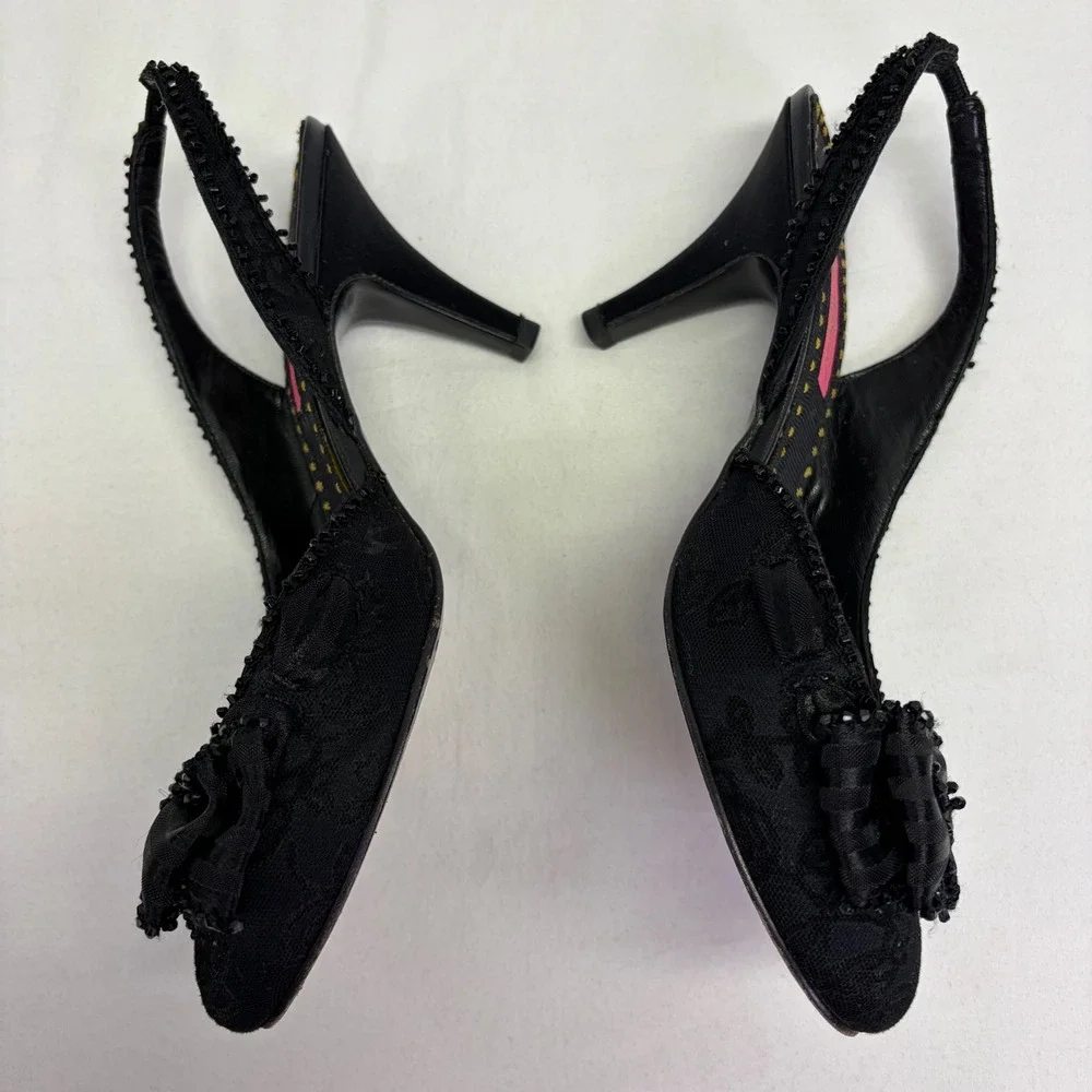 Y2K Betsey Johnson Black Lace Bow Slingback Heels 8.5M Beaded Whimsigoth Rare